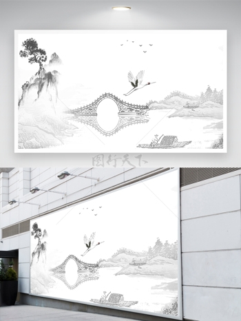 手绘水墨山水中式插画背景墙  