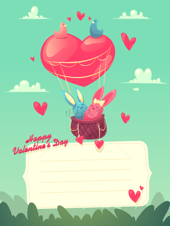 情人节爱心热气球上的兔子情侣