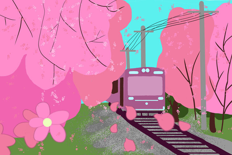 樱花节火车卡通背景插画