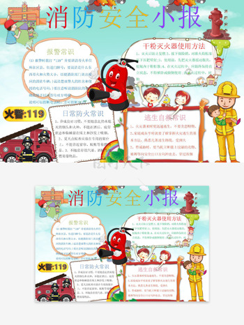 绿色清新背景花朵边框卡通消防员消防车消防安全手抄报