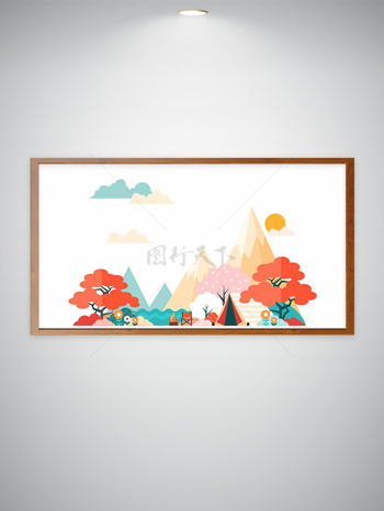 创意简约彩色手绘山林美景插画